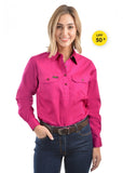 HARD SLOG LADIES Half Placket Light Cotton Shirt L/S | Bright Pink