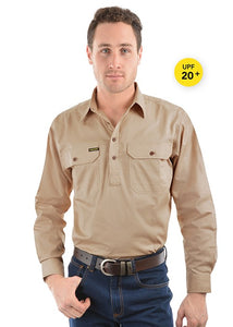 HARD SLOG MENS Half Placket Light Cotton Shirt L/S | Stone
