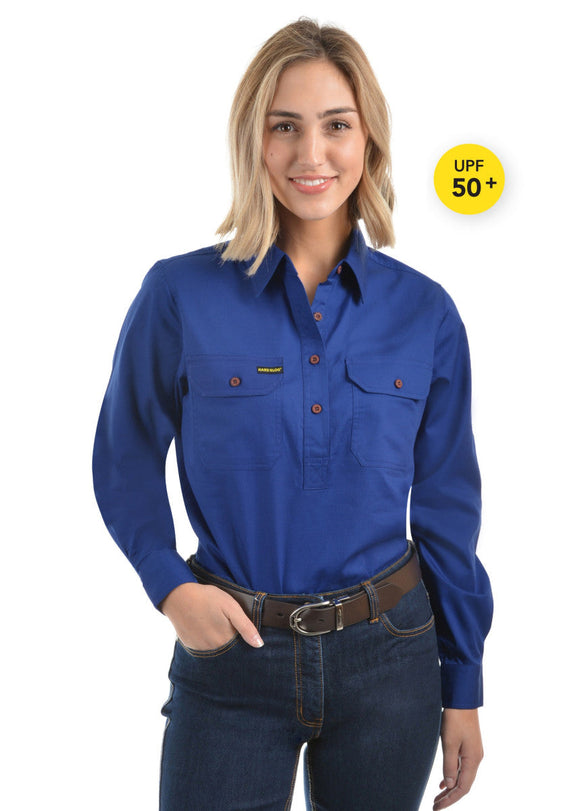 HARD SLOG LADIES Half Placket Light Cotton Shirt L/S | ROYAL BLUE