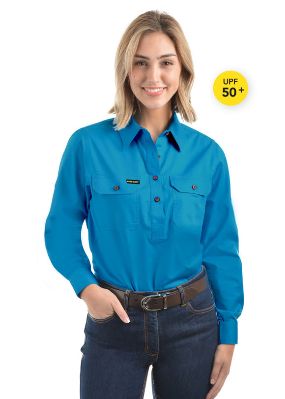HARD SLOG LADIES Half Placket Light Cotton Shirt L/S LADIES||BRIGHT BLUE