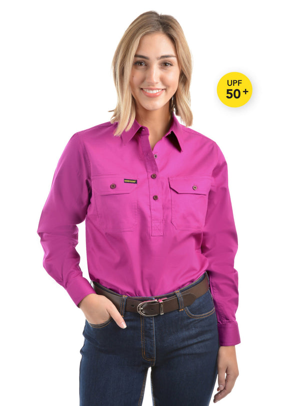 HARD SLOG LADIES Half Placket Light Cotton Shirt L/S | FUSCHIA
