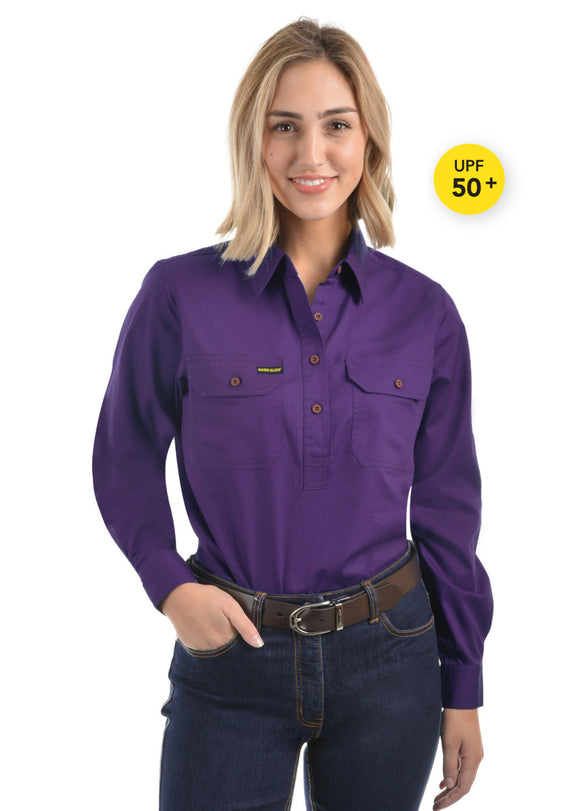 HARD SLOG LADIES Half Placket Light Cotton Shirt L/S | Iris