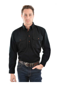 HARD SLOG MENS  Half Placket Light Cotton Shirt L/S | BLACK