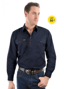HARD SLOG MENS Half Placket Light Cotton Shirt L/S | Dark Navy
