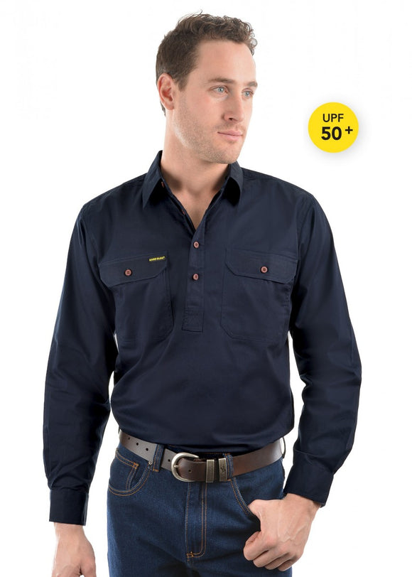 HARD SLOG MENS Half Placket Light Cotton Shirt L/S | Dark Navy