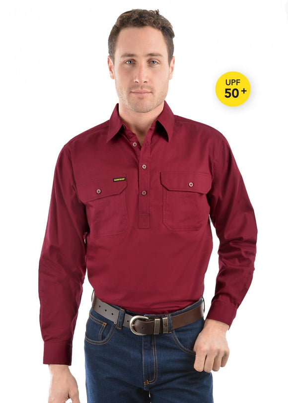 HARD SLOG MENS Half Placket Light Cotton Shirt L/S | Burgundy