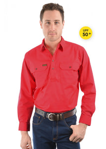 HARD SLOG MENS Half Placket Light Cotton Shirt L/S | Bright Red