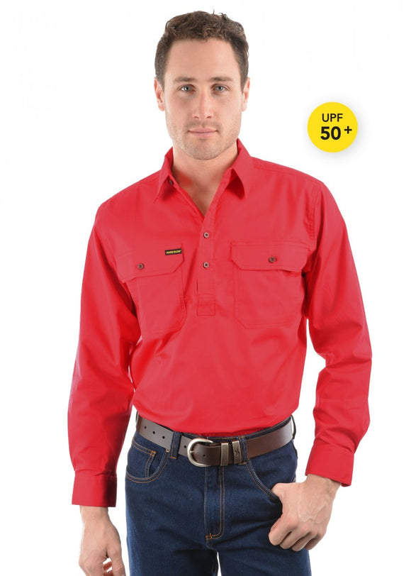 HARD SLOG MENS Half Placket Light Cotton Shirt L/S | Bright Red