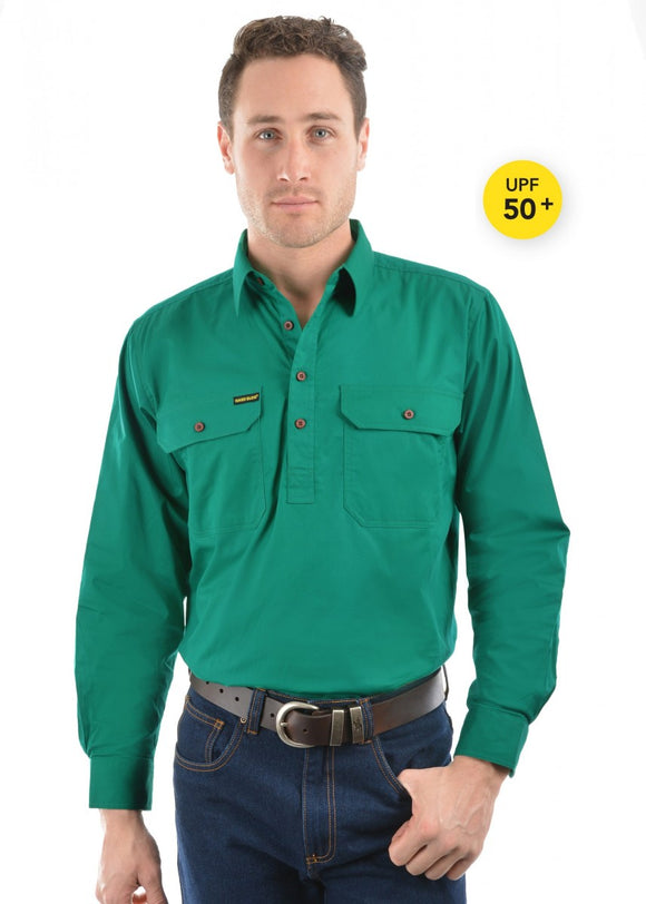 HARD SLOG MENS Half Placket Light Cotton Shirt L/S | Green