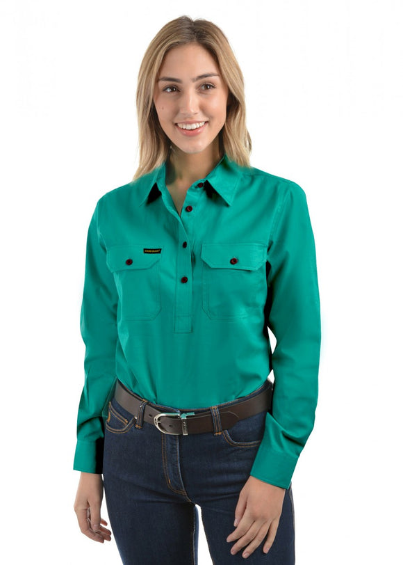 HARD SLOG LADIES Half Placket Light Cotton Shirt L/S | Turquoise