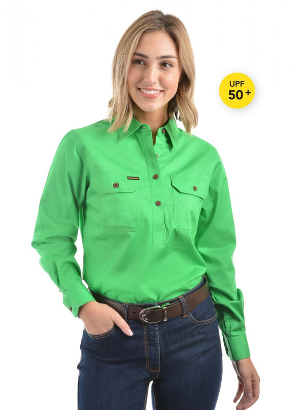 HARD SLOG LADIES Half Placket Light Cotton Shirt L/S | Lime Green
