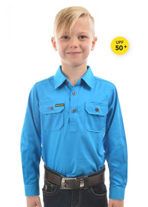 HARD SLOG Kids Half Placket Shirt L/S | Bright Blue