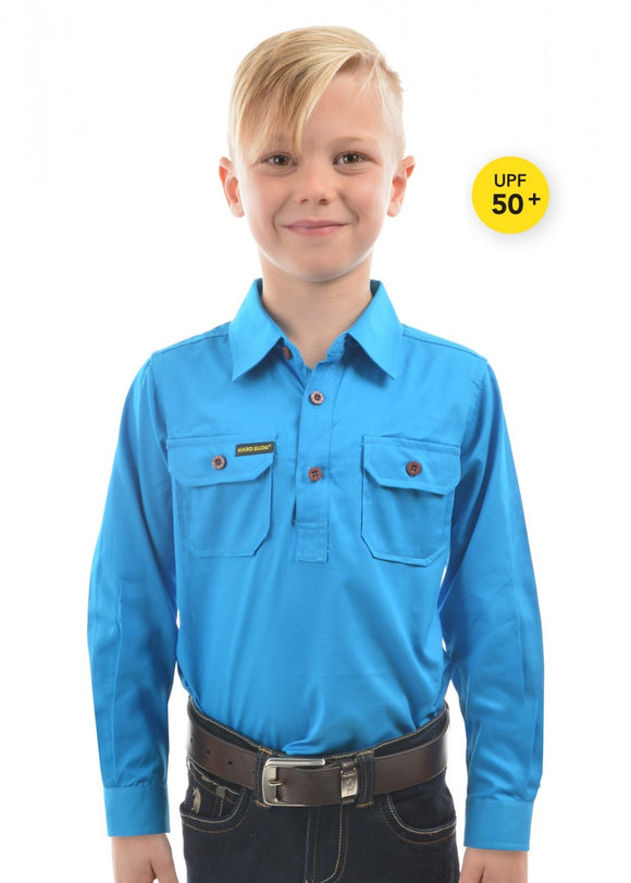 HARD SLOG Kids Half Placket Shirt L/S | Bright Blue